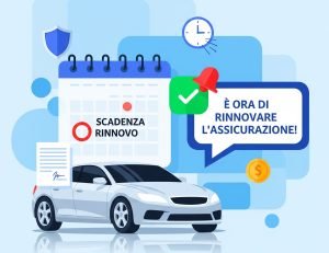 Illustrazione sul rinnovo dell'assicurazione auto, con una macchina, un calendario che indica la "Scadenza Rinnovo" e icone di protezione e costo della polizza.